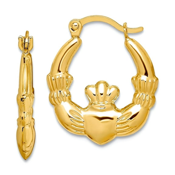 10k Yellow Gold Polished Hinged post Irish Claddagh Celtic Trinity Knot Hollow Hoop Earrings 18x16mm Wide 3mm Thick Hoop