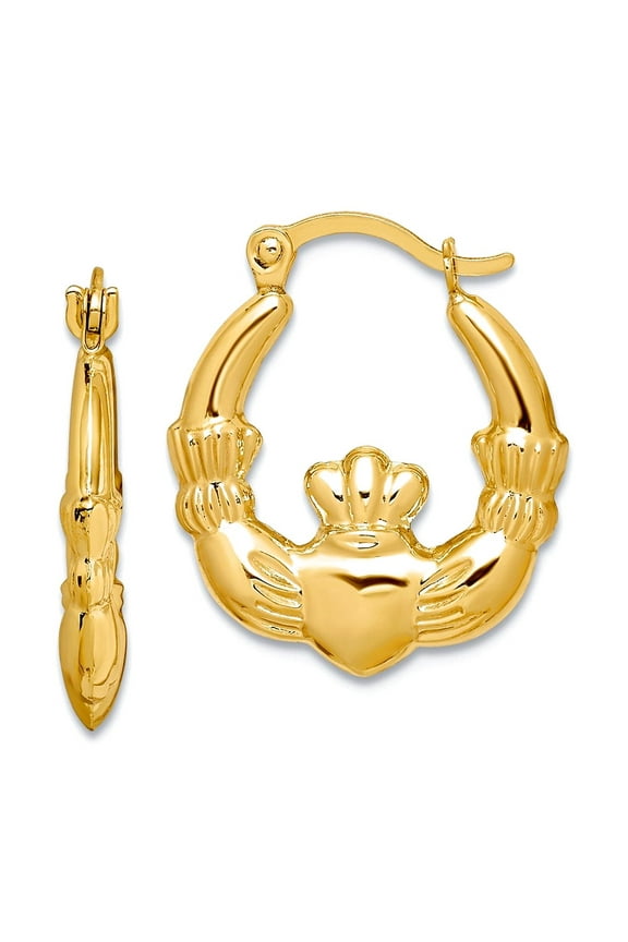 10k Yellow Gold Polished Hinged post Irish Claddagh Celtic Trinity Knot Hollow Hoop Earrings 18x16mm Wide 3mm Thick Hoop