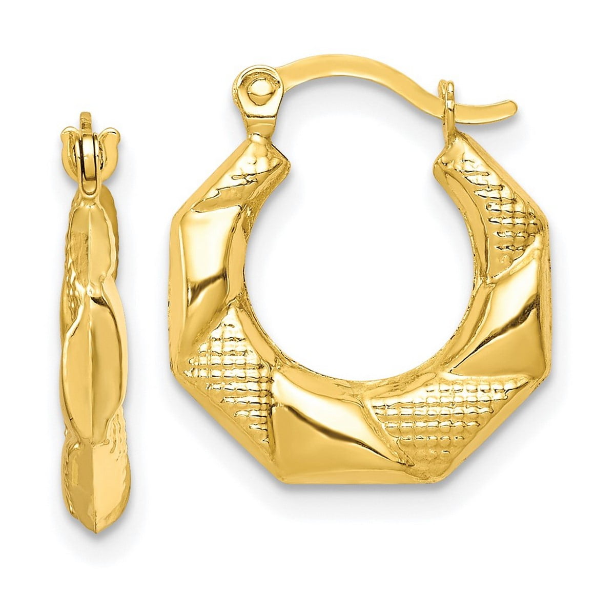 JEWELRYWEB 10k Yellow Gold Polished Hinged post Scalloped Textured Hollow Hoop Earrings 16x14mm Wide 3mm Thick-Hoop Earring for Wom