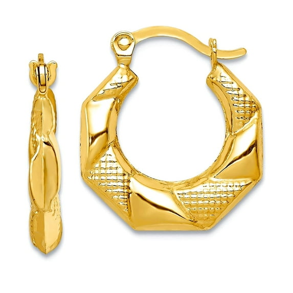 10k Yellow Gold Polished Hinged post Scalloped Textured Hollow Hoop Earrings 16x14mm Wide 3mm Thick Hoop Earring for Wom