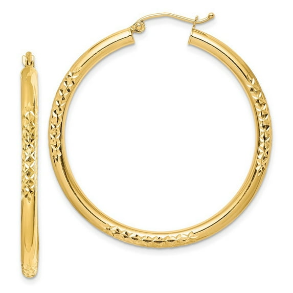 10k Yellow Gold Polished Hinged post Sparkle Cut 3x40mm Hollow Tube Hoop Earrings Measures 41x40mm Wide 3mm Thick - Hoop