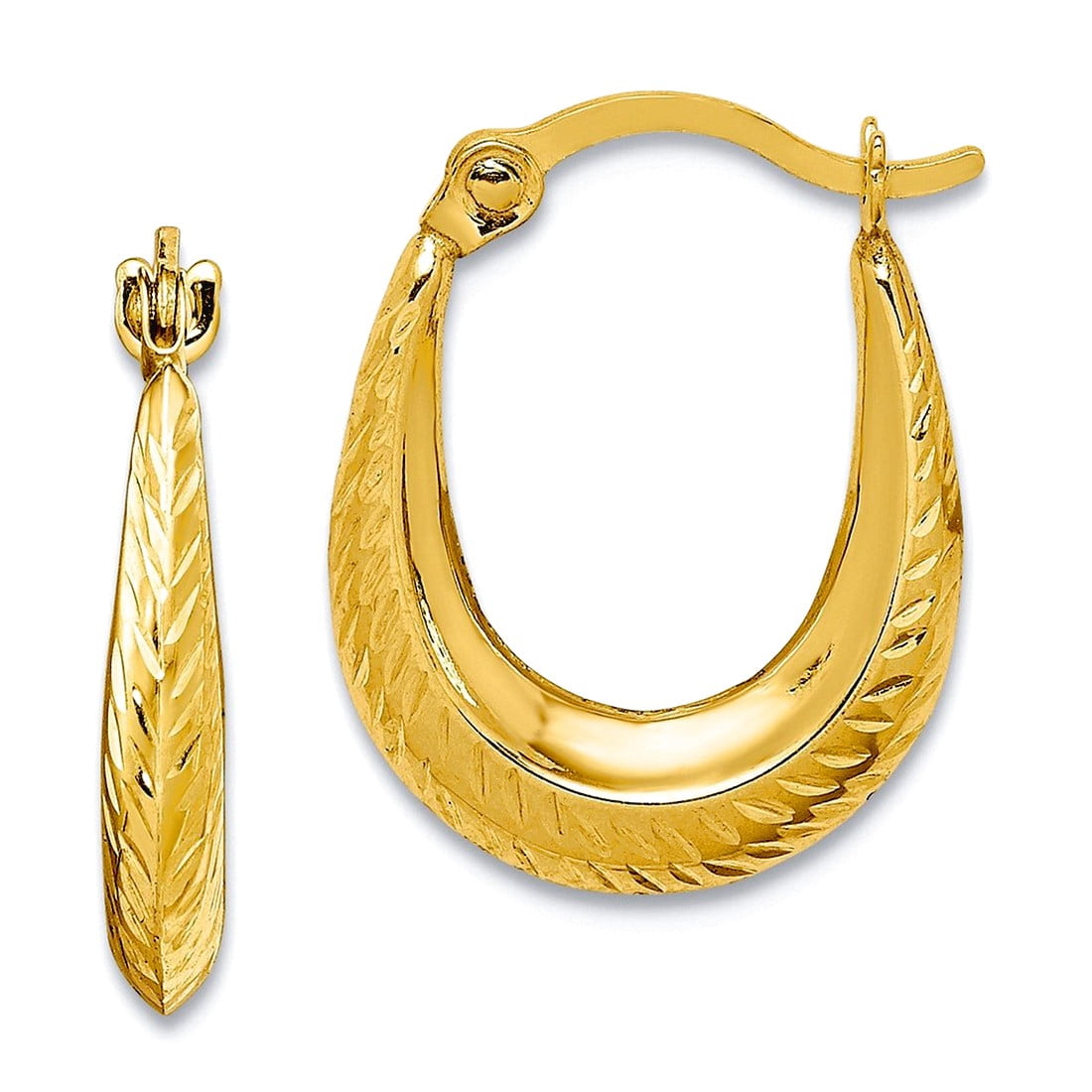10k Yellow Gold Polished Hinged post Textured Hollow Hoop Earrings 15x12mm Wide 3mm Thick Hoop Earring for Women