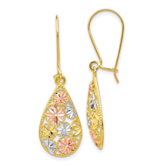 10k Yellow Gold Polished Leverback With White and Rose Rhodium Sparkle Cut Long Drop Dangle Earrings Measures 39x11.95mm
