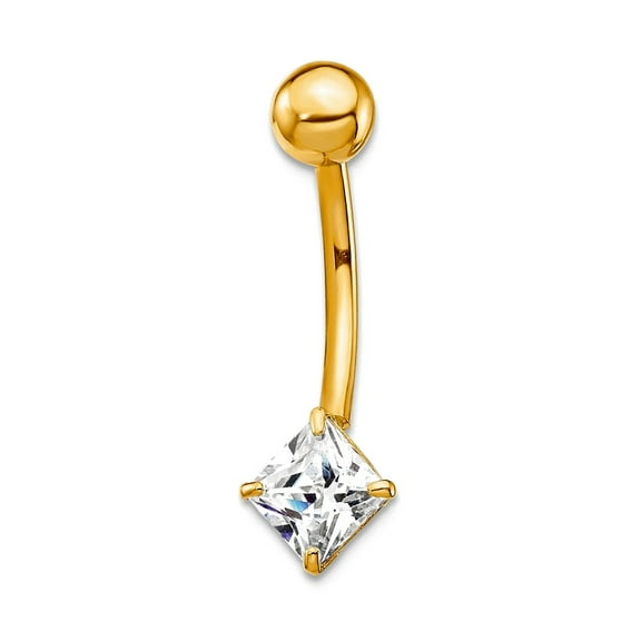 10k Yellow Gold Polished Screw back With 5mm Square Cubic Zirconia Belly Ring Dangle Body Piercing Screw for Women