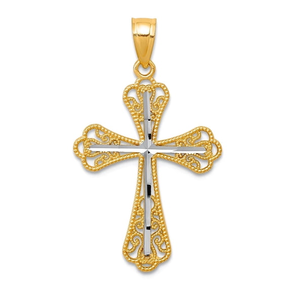 10k Yellow Gold Polished and Rhodium Sparkle-Cut Religious Faith Cross Pendant Necklace 30x16mm Wide Pendant for Women