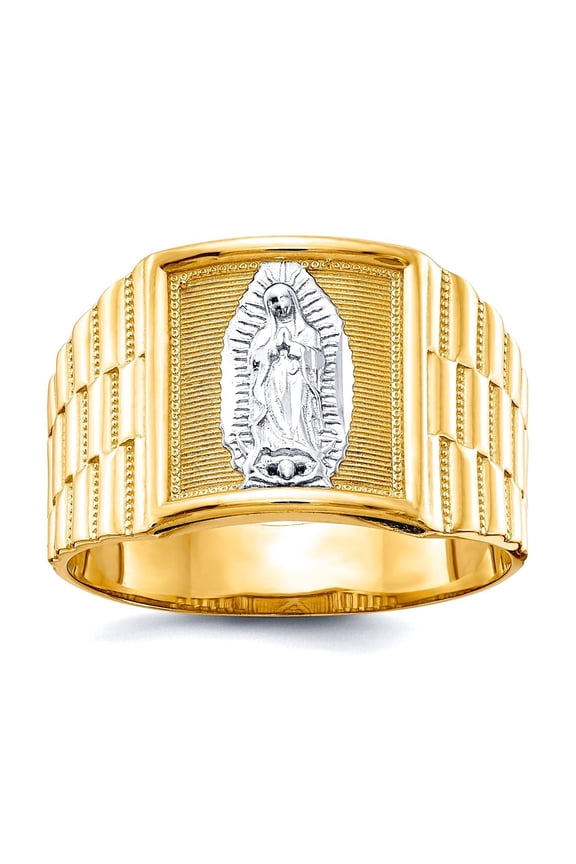 10k Yellow Gold Polished and Rhodium Mens Our Lady Of Guadalupe Ring Size 10.00 Ring for Men