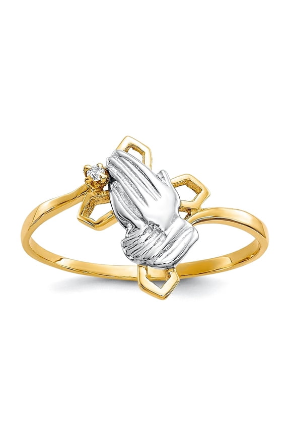 10k Yellow Gold Polished and Rhodium Praying Hands Cubic Zirconia With Religious Faith Cross Ring Ring for Women