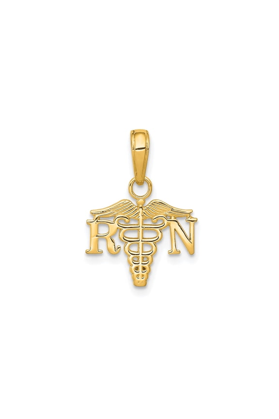 10k Yellow Gold RN Pendant with Caduceus Symbol, Medical Necklace for Women or Unisex Wear, Nursing Jewelry for Registered Nurse, Healthcare Professional Charm
