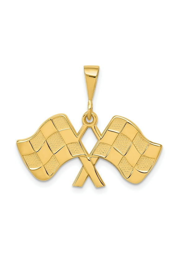 10k Yellow Gold Racing Pendant with Crossed Checkered Flags for Men and Unisex, Motorsport Victory Symbol, Bold Auto and Car Enthusiast Jewelry Charm