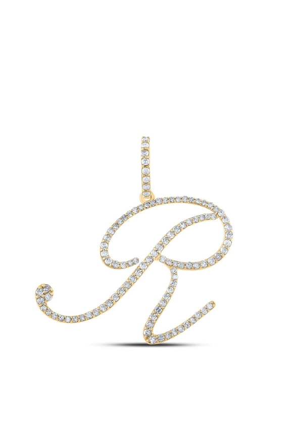 10k Yellow Gold Real Diamond Fancy Cursive Script Font Initial R Pendant 5/8 CT
