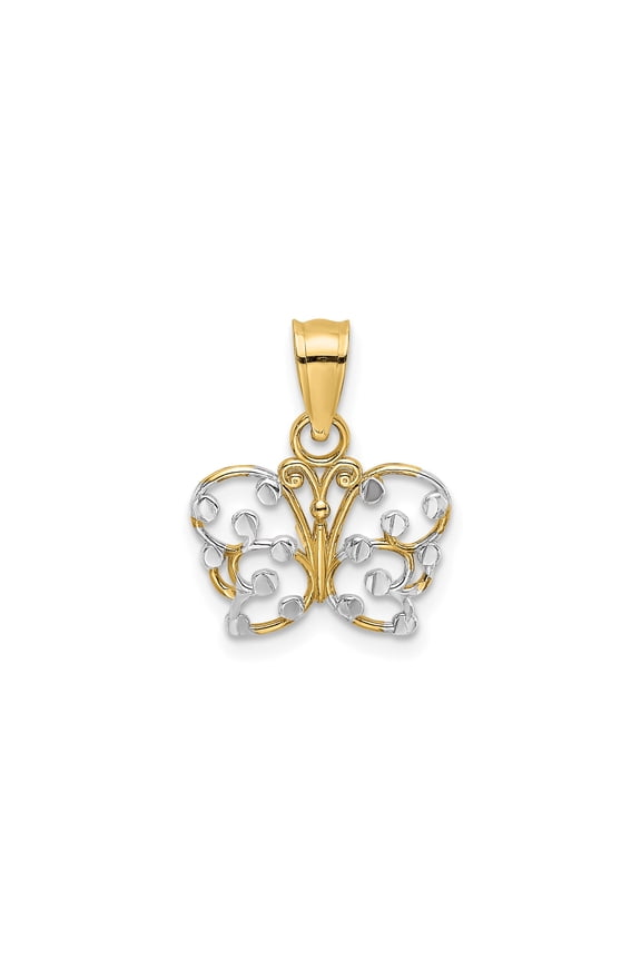 10k Yellow Gold and Rhodium Butterfly Pendant for Women, Open Filigree Nature Charm, Symbolic Fashion Jewelry for Daily Wear, Lightweight Spring and Summer Accessory