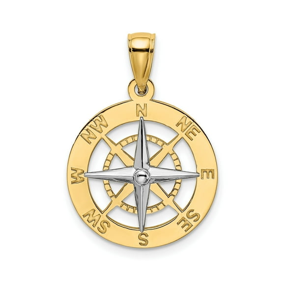 10k Yellow Gold Compass Pendant Charm, Nautical Star Medallion, Polished Round