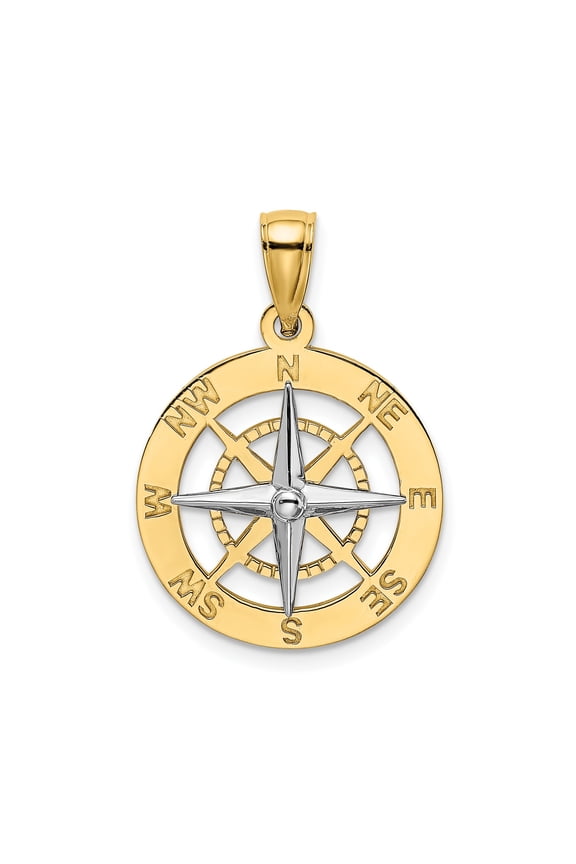 10K Yellow Gold w/ Rhodium Nautical Compass Pendant, Polished Round Charm, 26 mm