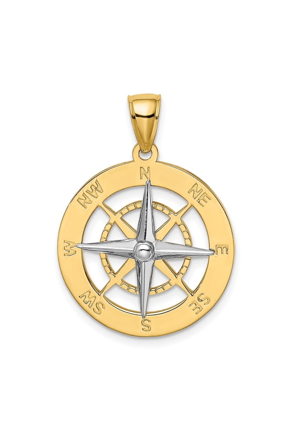 10k Multi-Tone Gold Nautical Compass Pendant Charm with North Star, Polished