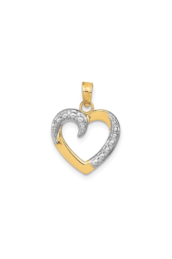 10k Yellow Gold and Rhodium Heart Pendant for Women, Two-Tone Textured Bubble Design, Symbol of Love, Romantic Gold Jewelry Charm for Necklace, Contemporary Accessory