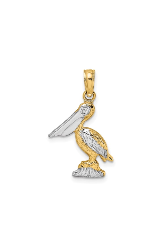 10k Yellow Gold and Rhodium Pelican Pendant Necklace for Men or Women, Two-Tone Coastal Bird Charm, Nautical Wildlife Jewelry Symbolizing Nature and Louisiana Pride