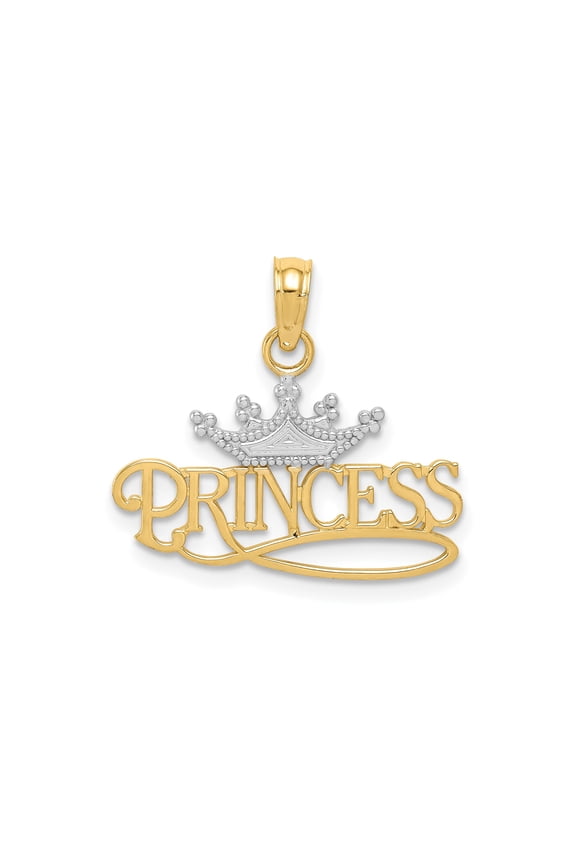10k Yellow Gold and Rhodium Princess Crown Pendant for Women, Royalty Symbol Necklace Charm with Silver Tone Detail, Feminine Fashion Jewelry for Teens and Young Adults