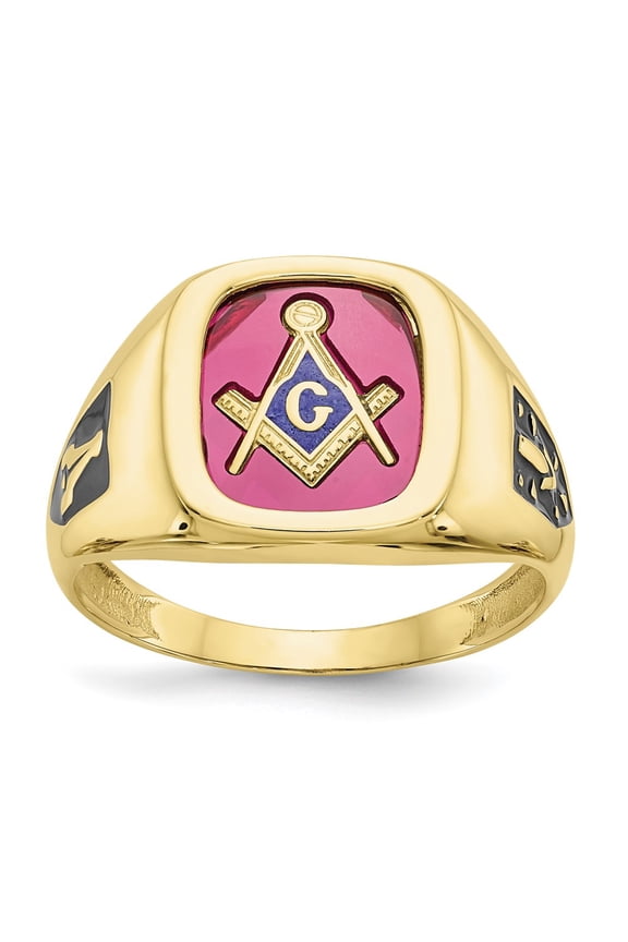 10k Yellow Gold Ring Mens Ruby Men's Polished and Textured with Black Enamel Lab Created Masonic
