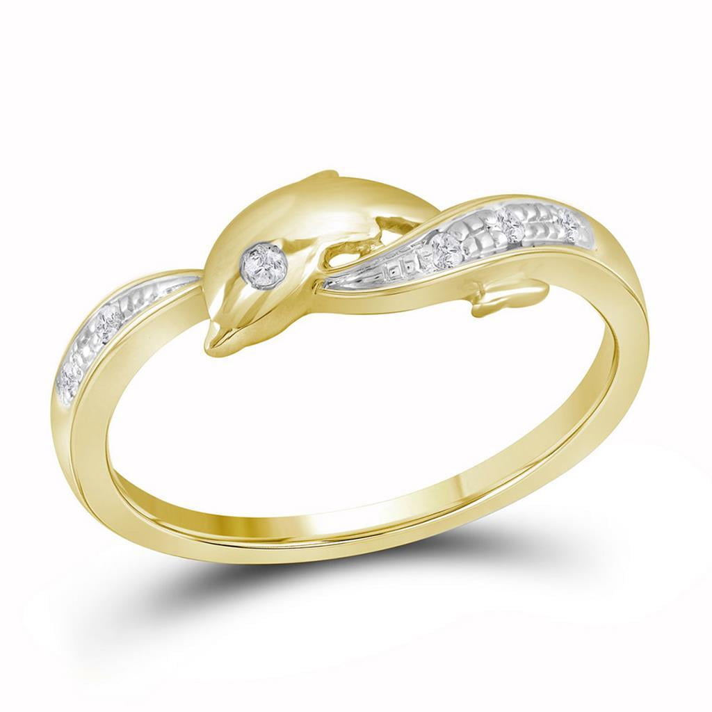 10k Yellow Gold Round Diamond Two-tone Dolphin Fish Animal Ring 1/20 ...