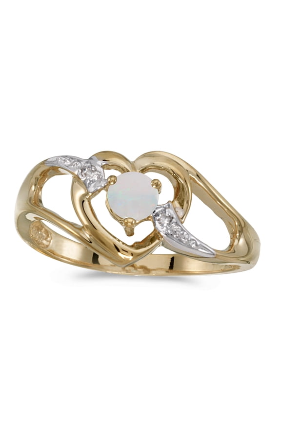 10k Yellow Gold Round Opal And Diamond Heart Ring