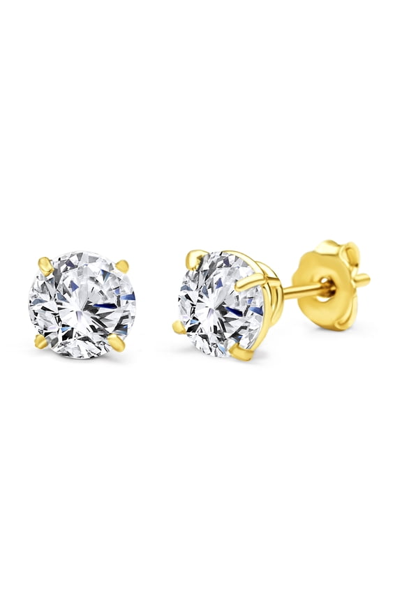 10k Yellow Gold Rounded Stud Earrings with Cubic Zirconia Stones, Hypoallergenic Ear Rings 6mm
