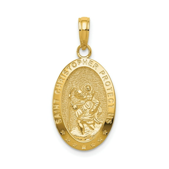 10k Yellow Gold Saint Christopher Medal Pendant Necklace Oval Religious Talisman for Travel Safety Christian Faith Jewelry Symbol of Protection Spiritual High Polish Guardian Design