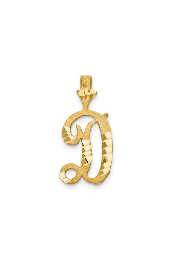 10k Yellow Gold Script D Pendant with Matte Texture and Polished Cuts, Alphabet Charm Necklace for Women or Unisex, Symbolic Jewelry for Identity and Personal Style