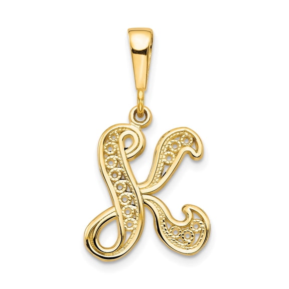 10k Yellow Gold Script K Pendant for Women with Filigree Detailing, Polished Finish, Personalized Initial Charm for Necklace, Monogram Jewelry, Fine Alphabet Accessory