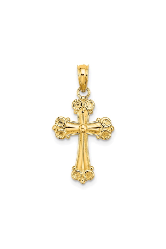 10k Yellow Gold Scroll Baroque Style Cross Pendant Necklace with Raised Dome Button Center for Men and Women Polished Religious Jewelry Classic Faith Charm Accessory