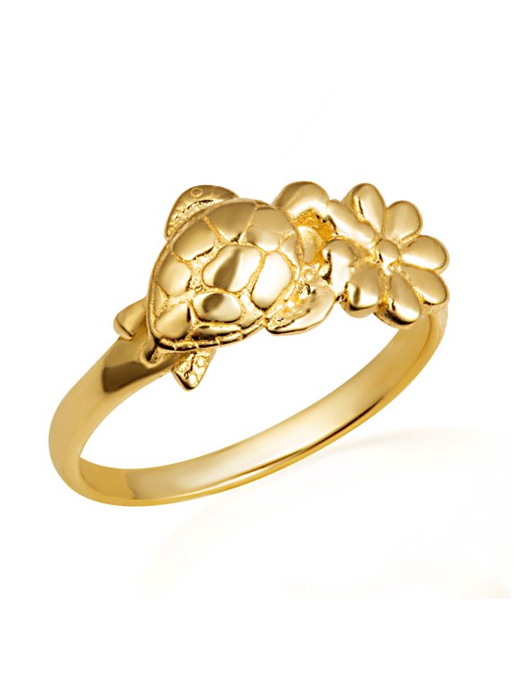 10k Yellow Gold Sea Turtle Daisy Flower Nature Ring (Size 9)