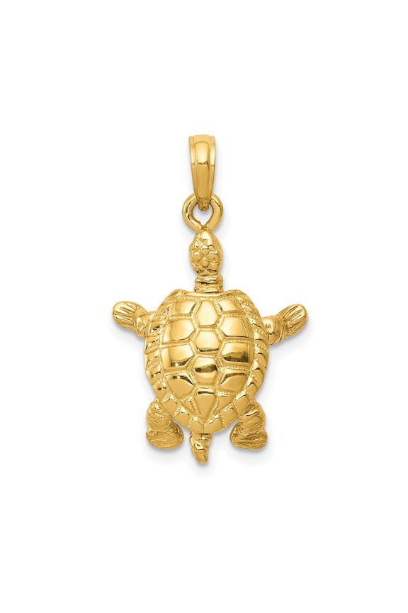 10k Yellow Gold Moveable Sea Turtle Pendant Charm, 3D Polished Ocean Jewelry