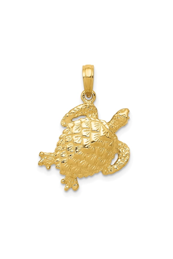10k Yellow Gold Sea Turtle Pendant Charm, Polished Nautical Jewelry, 27 mm