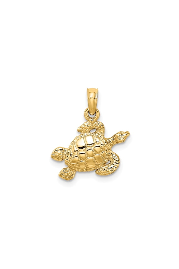 10k Yellow Gold Sea Turtle Pendant Charm, Textured Polished Ocean Animal Jewelry