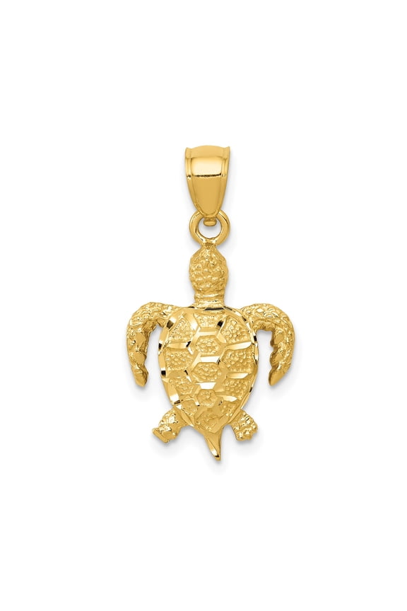 10k Yellow Gold Sea Turtle Pendant Charm, Textured Shell, Polished Ocean Jewelry