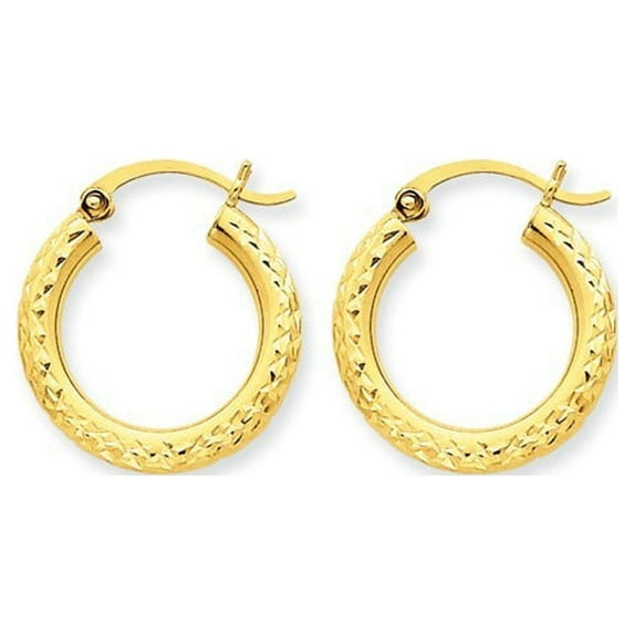 10k Yellow Gold Sparkle-Cut 3mm Round Hoop Earrings - 1.5 Grams - Measures 15x19.19mm Wide 3mm Thick