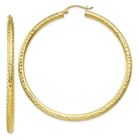 10k Yellow Gold Sparkle-Cut 3mm Round Hoop Earrings - 4.1 Grams - Measures 50x55.8mm Wide 3mm Thick
