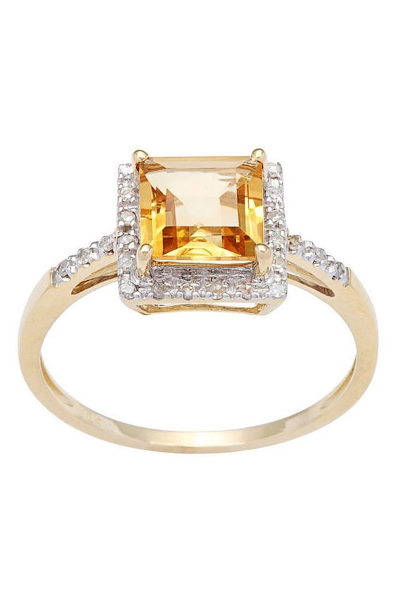10k Yellow Gold Square Citrine and Diamond Halo Ring