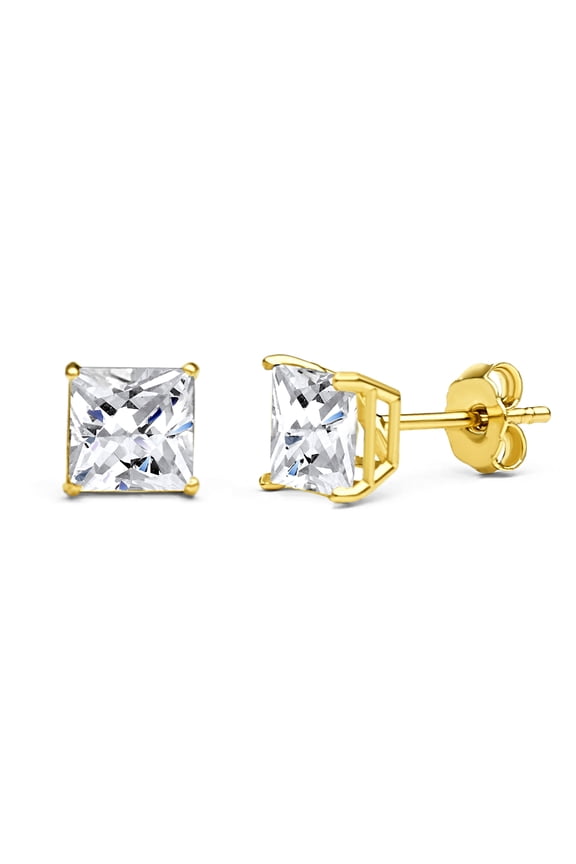 10k Yellow Gold Squared Stud Earrings with Cubic Zirconia Stones, Hypoallergenic Ear Rings 5.5mm