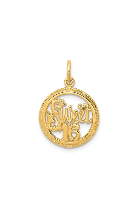 10k Yellow Gold Sweet 16 Pendant Charm for Teens, Milestone Birthday Jewelry with Script in Textured Round Frame, Necklace or Bracelet Accessory for Sixteenth Celebration