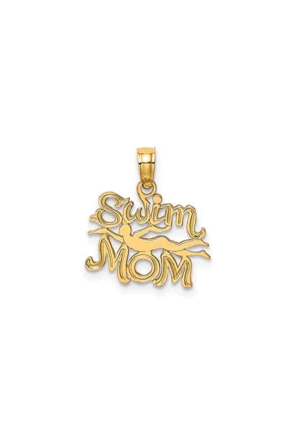 10k Yellow Gold Swim Mom Pendant for Women with Swimmer Silhouette, Sports Necklace in Script Font, Athletic Team Jewelry, Supportive Medal Charm for Swim Enthusiasts