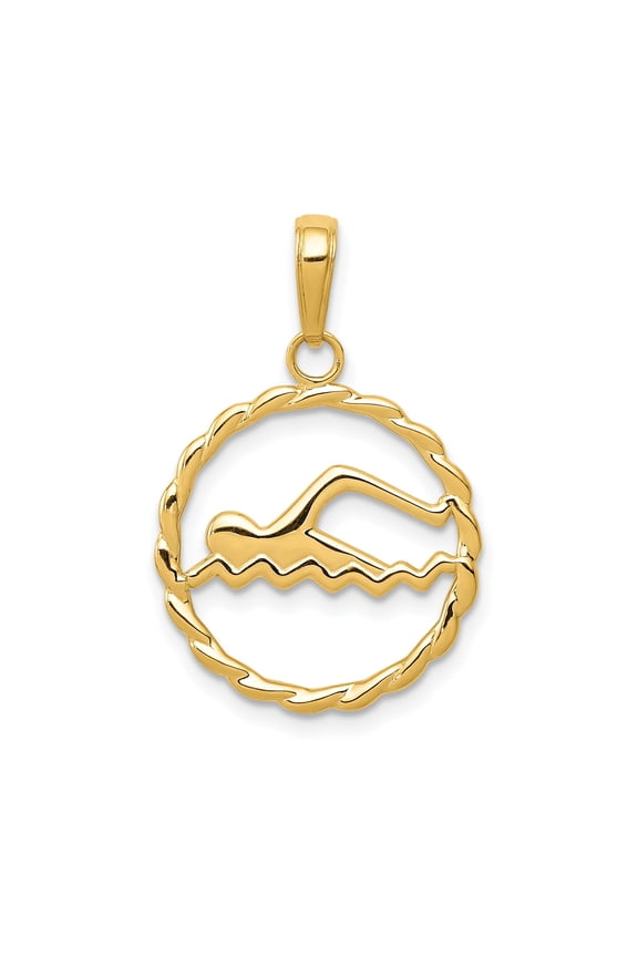 10k Yellow Gold Swimmer Pendant with Cutout Design in Twisted Rope Circle Frame, Athletic Symbolic Necklace for Men, Women, Teens, Swim Teams, Coaches, and Aquatic Sports Enthusiasts