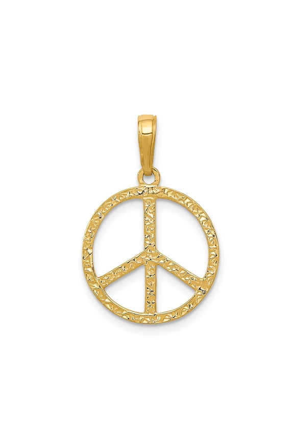 10k Yellow Gold Textured Peace Sign Pendant for Men and Women, Unisex Spiritual Harmony Symbol, Boho Hippie Style Retro Statement Jewelry