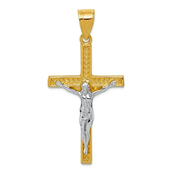 10k Yellow Gold Textured Polished and Rhodium Crucifix Pendant Necklace 35x16mm Wide Pendant for Women