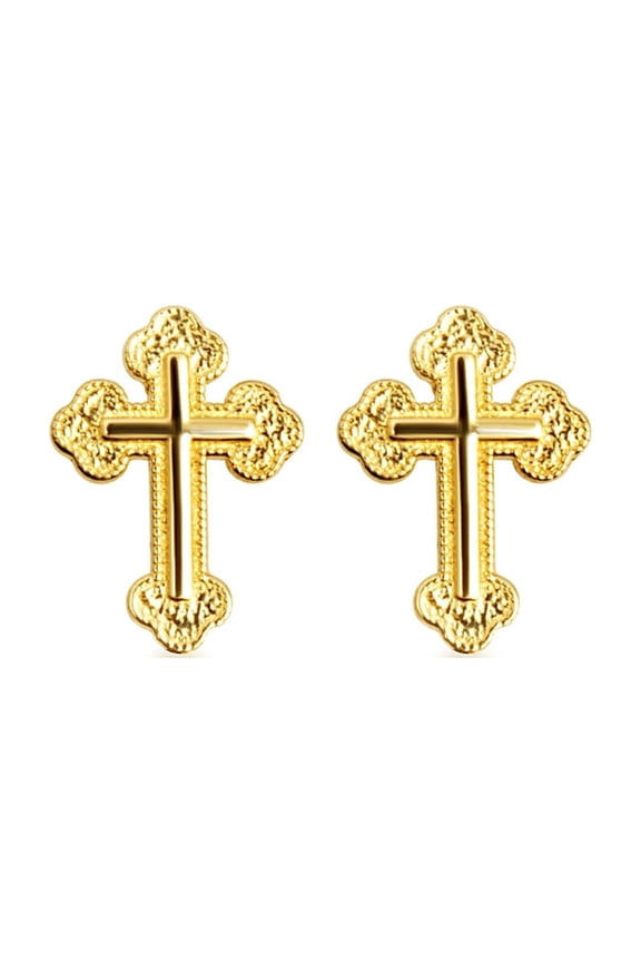 10k Yellow Gold Textured Sacred Cross Stud Earrings
