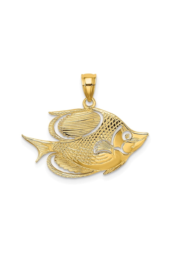 10k Yellow Gold Tropical Fish Pendant for Women or Unisex, Textured Nautical Design with Cut-Out Accents, Ocean Nature Symbol, Marine Life Jewelry, Beach Sea Style