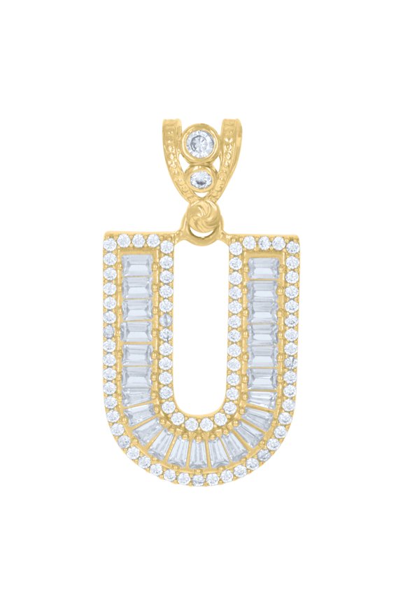 10k Yellow Gold Unisex Baguette & Round Cubic-Zirconia Gold Initial Letter U Charm Pendant