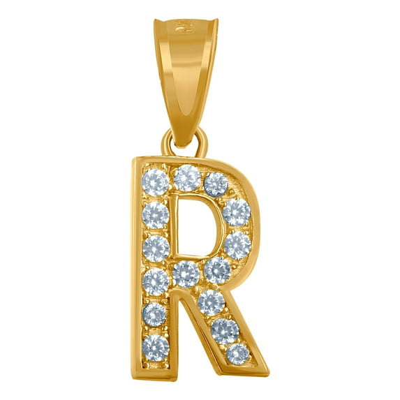 10k Yellow Gold Unisex Cubic Zirconia R Alphabet Letter Name Personalized Monogram Initial Charm Pendant Necklace 15.6x6