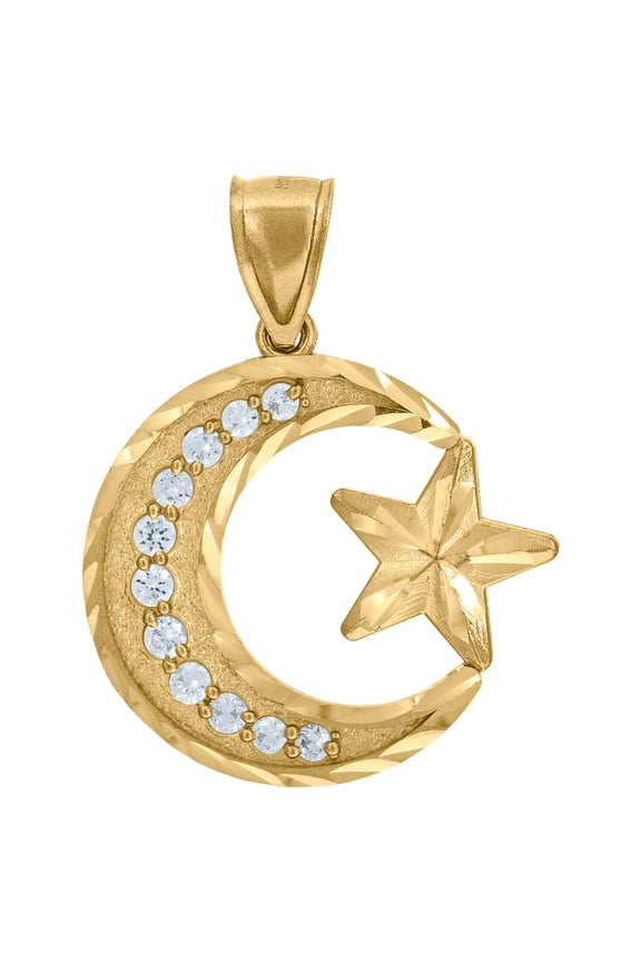 10k Yellow Gold Unisex Cubic-Zirconia Celestial Moon Star Religious Charm Pendant
