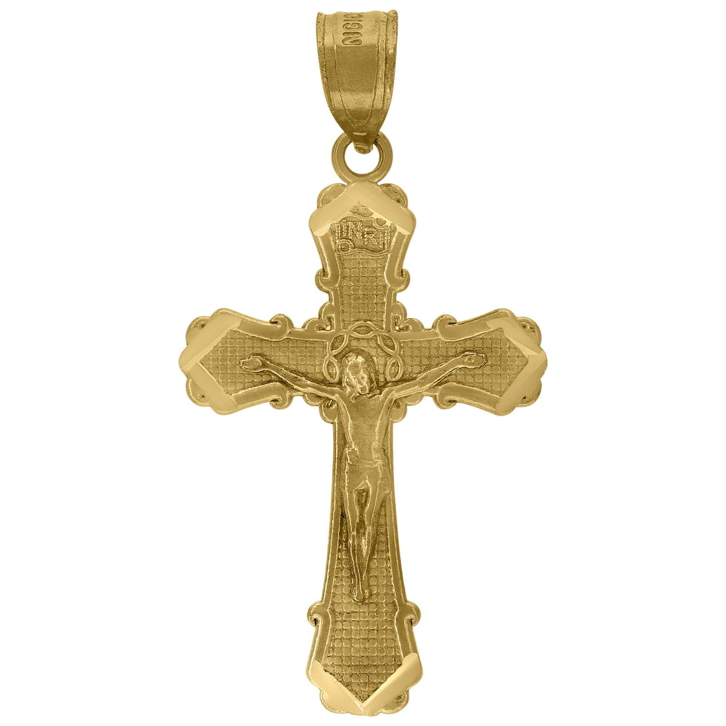 10k Yellow Gold Unisex Textured Crucifix Cross Religious Charm Pendant