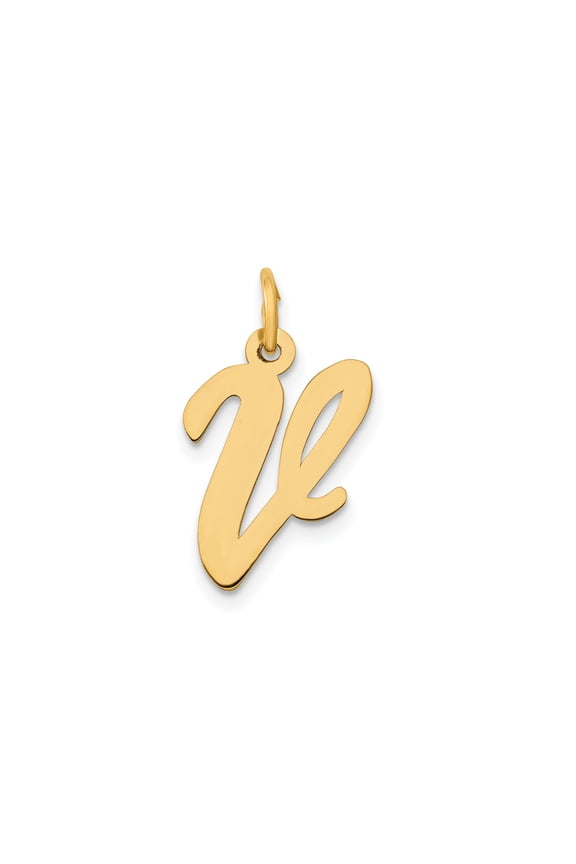 10k Yellow Gold V Initial Pendant Charm for Women, Polished Cursive Letter Script, Monogram Necklace Accessory, Real Gold Identity Jewelry for Everyday Wear